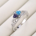 S925 silver crown ring featuring blue and purple heart-shaped zircons on beige velvet - US 6 / Silver