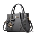 Dark grey woven texture tote bag for women with gold logo and heart charm detail - Gray