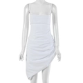 Detail of white mini dress with ruched fabric and asymmetric hem on mannequin - S / White