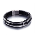 Mehrlagiges Herren-Lederarmband in Schwarz mit Edelstahl-Weizenkette und Magnetverschluss - Silber (KB92958-BD)