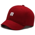 Short brim baseball cap in deep red cotton fabric with white letter M embroidery - Embroidered M Style / Burgundy