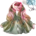 Elegant summer lotus print silk scarf made of lightweight translucent fabric for beach sun protection - Green