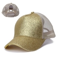 Women's gold sequin ponytail baseball cap with breathable mesh and adjustable back - Gold