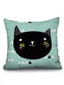 Cartoon black cat face pillowcase in mint green with triangle patterns on faux linen - Style 07