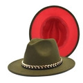 Detail of olive green fedora with metallic chain and contrasting bright red interior lining - M (56-58cm) / Army Green and Red Contrast