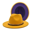 Stylish two-tone wool fedora hat with metal chain detail and wide brim for fashion - M (56-58cm) / Yellow and Purple Patchwork
