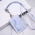 Blue-purple marble texture PU ID card holder with matching lanyard and silver retractable reel - Retractable Lanyard Set / Violet