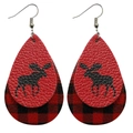 Boucles d'oreilles goutte en similicuir avec motif élan et carreaux rouge noir - Red Black Plaid Deer (10254)