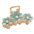 Detailed macro view of mint blue flowers with pearls on a golden alloy hair claw - Large / Green