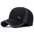 Men winter baseball cap in black with grey trim and ear flaps with metal sport tag - Adjustable / Black