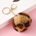 Faux rabbit fur ball keychain with leopard print and gold metal ring for bags - Elastic Band (No Hardware) / Leopard 69 Light Yellow