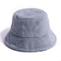 Close-up of the plush grey faux fur texture and soft fiber detail on the winter bucket hat - Adult size 56-58cm / Gray