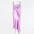 Detail of pink satin dress featuring glossy fabric and asymmetrical hemline design - M / Purple