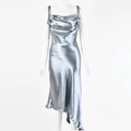 Detailed close-up of blue satin cowl neck dress showing glossy fabric and draping - L / Gray