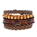 Set aus 4 Vintage-Lederarmbändern mit Holzperlen und Metallakzenten geflochten - Vintage Kombinationsstil (HM-70301)