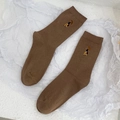 Brown mid-tube cotton socks with cartoon embroidery and ribbed cuffs for women - One Size / Khaki