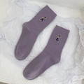 Purple cotton mid-tube socks featuring delicate cartoon girl embroidery and ribbed cuffs - One Size / Purple