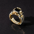 Retro golden ring featuring a large rectangular black gemstone and side pave diamonds - US 7 / Black Large Version