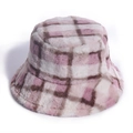 Pink and brown plaid faux fur bucket hat for winter warmth with plush texture - Large Plaid / Pink