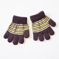 Kids knitted gloves in dark purple with yellow and grey stripes for winter warmth - M / Coffee