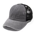 Detail of distressed grey washed canvas baseball cap with black mesh and ponytail opening - Gray