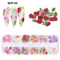 12-grid box of colorful floral nail art pulp flakes with roses and daisies - 12 Grids Wood Pulp Decals 03-Rose Flower Series (MJP-03)