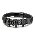 Pulsera punk de cuero trenzado para hombre con calaveras de acero inoxidable en negro mate - Negro