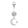 Silver crescent moon and star navel ring with sparkling cubic zirconia on white background - Silver