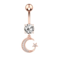 Rose gold moon and star belly button ring with sparkling zircon stones on white background - Rose Gold