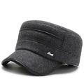 Dark grey wool flat top military hat with decorative strap and sport fashion plaque - Adjustable / Gray