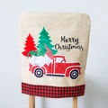 Linen Christmas chair cover featuring a red truck with gnomes and Merry Christmas text - Type C Christmas Truck Gnome