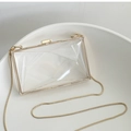 Transparent acrylic evening clutch bag with geometric facets and gold metal chain - Geometric Square Clear + Snake Chain / 7"