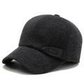 Men's winter baseball cap in dark grey textured wool with ear protection flaps - Adjustable / Black
