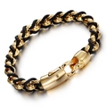 Pulsera de hombre en acero de titanio dorado con cuero negro trenzado y eslabones - Dorado (KB68868-BD)