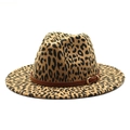 Detail of leopard print fedora hat featuring a brown leather belt with metal buckle - M (56-58cm) / Camel