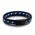 Braided leather bracelet with blue and white nylon cord and black magnetic buckle - Black Blue and White Braided Style (KB87376-BD)