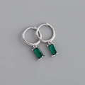 Detail of silver hoop earrings with rectangular green zircon pendants on grey background - Rectangular Green Rhinestone Earrings (S-E1533) / Silver