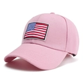 Close-up of pink baseball cap featuring US flag embroidery patch and twill texture - US Flag Pink