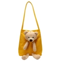 Vibrant yellow canvas tote bag featuring a cute 3D plush teddy bear character - Yellow