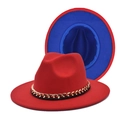Classic red fedora hat with gold chain band and royal blue brim underside contrast - M (56-58cm) / Red Blue Patchwork
