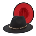Detailed view of bicolor wool fedora featuring red underbrim and gold chain accent - M (56-58cm) / Black Red Patchwork