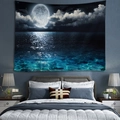 Forest and moonlight night ocean tapestry for bedroom wall decoration in deep blue tones - Moon Over the Sea