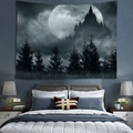 Gothic forest and castle tapestry wall hanging in dark grey and blue tones - Gothic Forest Castle