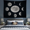 Minimalist moon phase tapestry featuring full moon cycles on a dark black background - Moonlit Forest Night