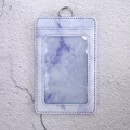 Vertical faux leather ID card holder featuring purple marble pattern with clear window - Single Card Holder / Violet
