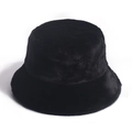 Detail of black faux rabbit fur texture on a thick warm winter bucket hat for women - Adult size 56-58cm / Black