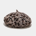 Close-up of fluffy leopard print beret with soft faux rabbit fur texture detail - M (56-58cm) / Khaki Leopard