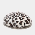 Close-up of leopard print beret featuring thick plush rabbit fur texture in brown and beige - M (56-58cm) / White Leopard Print