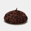 Detailed close-up of leopard print rabbit fur beret with soft plush texture and pattern - M (56-58cm) / Brown Leopard