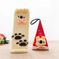 Beige coral fleece Christmas socks with 3D animal ears and festive red gift box - No Box / Paw Print Bear